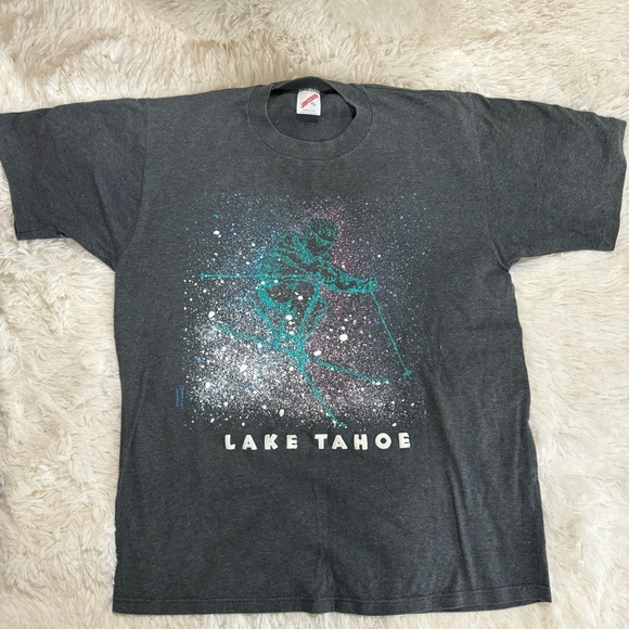 Vintage 1991 Jerzees Heather Gray Crewneck Tee Lake Tahoe - Picture 1 of 5